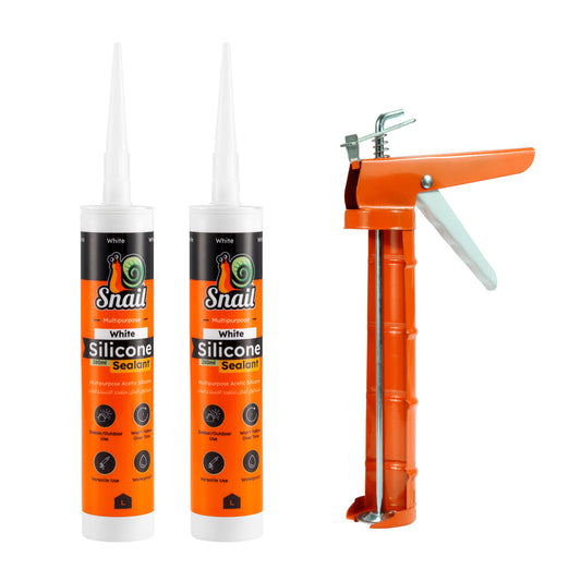 Caulking Gun Set - Orange with 2 White Silicone Adhesives (280ml Each) - for Bathroom, Kitchen, Windows, and Outdoor Sealing