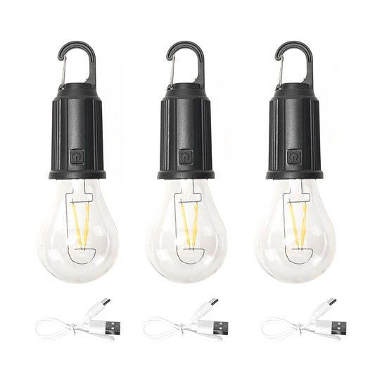 3-Pack Hanging Camping Light - Style 1 - USB Rechargeable LED Lantern, A Shape Bulb Tent Light with Clip Hook - 300mAh 3.7V Portable Camping Light for Hiking, Emergency, Power Outages
