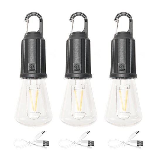 3-Pack Hanging Camping Light - Style 2 - USB Rechargeable LED Lantern, ST Bulb Tent Light with Clip Hook - 300mAh 3.7V Portable Camping Light for Hiking, Emergency, Power Outages