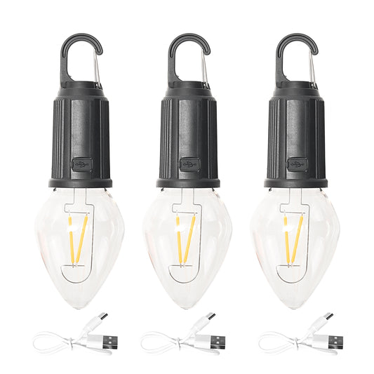 3-Pack Hanging Camping Light - Style 3 - USB Rechargeable LED Lantern, C35 Bulb Tent Light with Clip Hook - 300mAh 3.7V Portable Camping Light for Hiking, Emergency, Power Outages