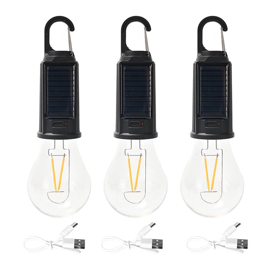 3-Pack Solar Hanging Camping Light -Style 1- USB & Solar Rechargeable A Shape LED Tent Lantern Bulb with Clip Hook -300mAh 3.7V Portable Camping Light for Hiking Emergency Power Outages Garden