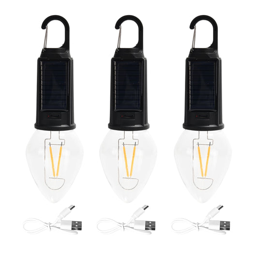 3-Pack Solar Hanging Camping Light - Style 3 - USB & Solar Rechargeable C35 LED Tent Lantern Bulb with Clip Hook - 300mAh 3.7V Portable Camping Light for Hiking Emergency Power Outages Garden