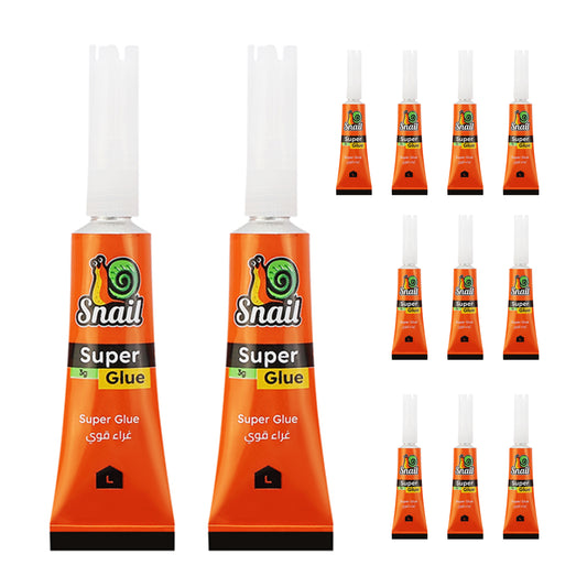 Snail Super Glue -12 Piece 3g- All Purpose Instant Dry Cyanoacrylate Based Adhesive with Precision Applicator for Various Materials - Ideal for Metal, Plastic, Rubber, Glass, Leather, and Wood