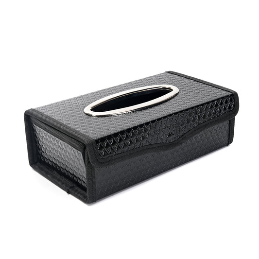 Car Tissue Box - Knitted Pattern, Rectangular Plastic Tissue Box Holder with Diamond Texture, Front-Loading Snap Cover, Oval Silver-Trim Opening for Car, Home, Office, and Travel Use (Black)