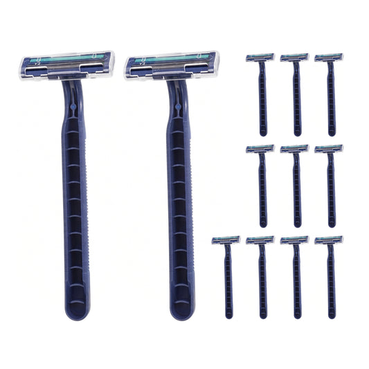 شفرات حلاقة رجالية للاستخدام مرة واحدة (12 قطعة) - شفرتان بمقبض مريح وغطاء حماية - مثالية لحلاقة الوجه والرقبة والذقن والسفر اليومي