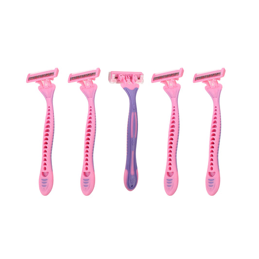 Women's Disposable Razors - Pack of 5 - 3-Blade Disposable Women's Shaving Razors with Non-Slip Handles and Protective Cap - Ideal for Legs, Arms, Underarms, Travel, and Daily Grooming Use