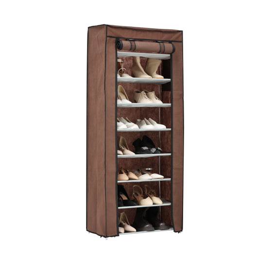 8-Tier Shoe Rack with Non-Woven Fabric Dust Cover - 60x30x140cm Coffee Brown - Free Standing Multipurpose Shoe Organizer Cabinet, Easy-to-Assemble Storage Rack for Entryway, Closet & Apartment