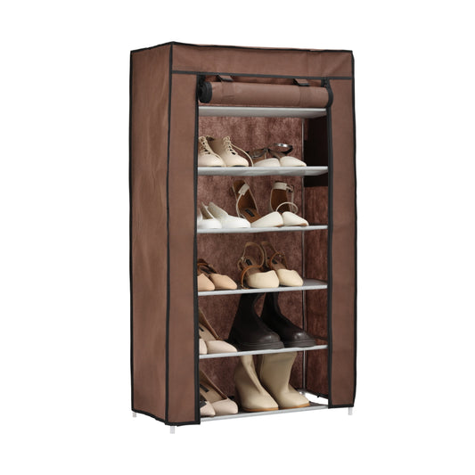 6-Tier Shoe Rack with Non-Woven Fabric Dust Cover - 60x30x108cm Coffee Brown - Free Standing Multipurpose Shoe Organizer Cabinet, Easy-to-Assemble Storage Rack for Entryway, Closet & Apartment