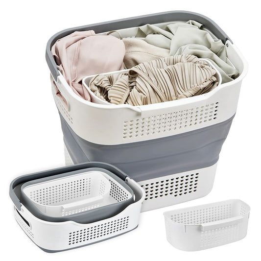 Flexible Laundry Basket - 41x32x(12-35)cm Grey - Foldable Plastic Laundry Hamper with Handles, Rubber Center, and Ventilated Structure - Ideal for Clothes and Household Organization