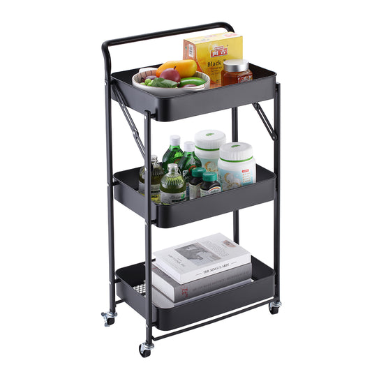 Folding Trolley Armrest Style - 3 Layer - Rolling Storage Cart for Kitchen, Bathroom, Living Room, and Office Use