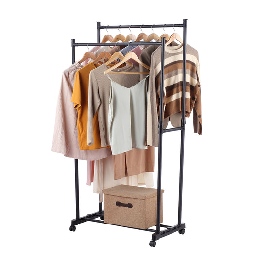 Black Clothes Hanger - Double Rod Stand, 80x42x85-160cm, Iron Frame, 360° Wheels, Closet Storage Organizer for Hanging Clothes, Coats, Bottom Shoe Shelf, 2 Lockable Casters for Bedroom Laundry