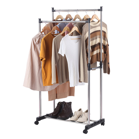 Stainless Steel Clothes Hanger - Double Rod Stand, 83x42x85-160cm, 360° Wheels, Closet Storage Organizer for Hanging Clothes & Coats, Bottom Shoe Shelf, 2 Lockable Casters for Bedroom Laundry