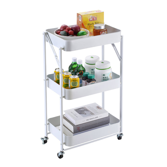 Folding Carts - 3 Layers White - Rolling Storage Organizer for Kitchen Supplies, Office Essentials, and Bathroom Use