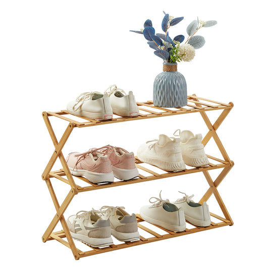 Bamboo Folding Shoe Rack - Free Standing Shoe Shelf for Hallways, Living Room, and Bedroom Use