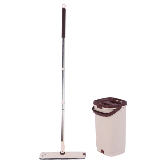 Magic Mop - Khaki - Hands-Free Microfiber Mop with Bucket, Scratch-Free Flat Mop with Rinse and Dry System for Tile Wood and Laminate Floors, Reusable Lint-Free Lightweight for Home and Office