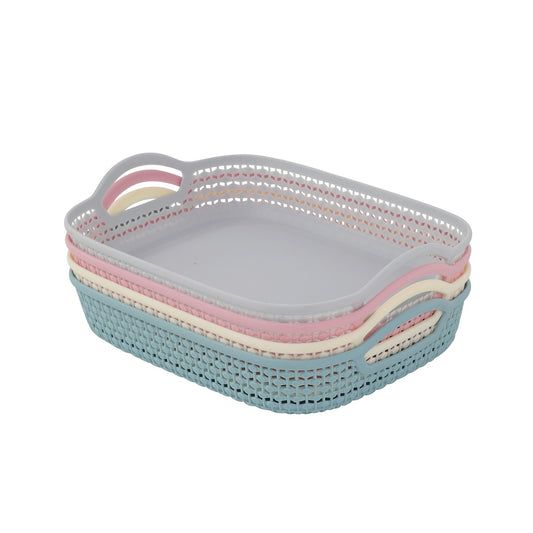 4-Piece MutliColored Rectangular Plastic Fruit Basket (27x19.5x4.5cm) Stackable Storage Organizer Set, Mesh Ventilated Design and Comfortable Grip Handles for Kitchen, Pantry, Bathroom