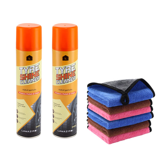 Tire Shine Cleaner -2 Sprays with 6-Piece Car Cleaning Wipers 30x30cm - for UV Protection and Hydrophobic Barrier