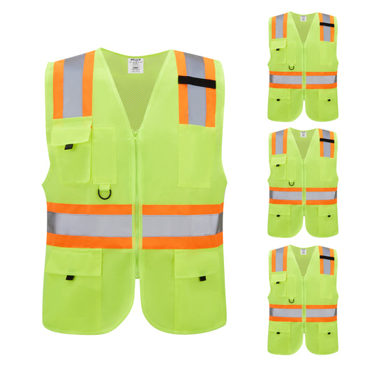 High Visibility Multi-Pocket Safety Vest - 4 Pack, EN 471 Hi-Vis Reflective Mesh Vest for Men & Women, 5 Pockets, Front Zipper & Breathable Fabric for Construction & Roadwork - Yellow