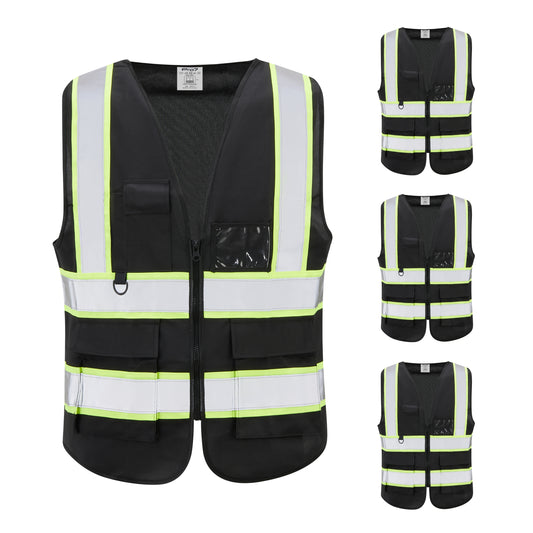 Multi-Pocket Safety Vest with Reflective Strips - 4 Pack, EN 471 Hi-Vis Mesh Work Vest for Men & Women, 5 Pockets, Front Zipper & Breathable Fabric for Construction & Roadwork - Black