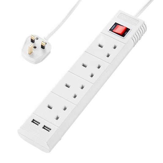 كابل تمديد أربعة منافذ مع مفتاح تشغيل/إيقاف ومنفذي USB - شريط طاقة للاستخدام المنزلي والداخلي