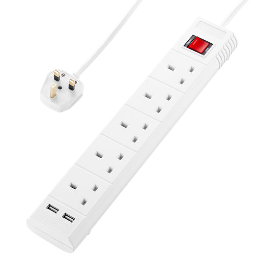 كابل تمديد بخمسة منافذ مع مفتاح تشغيل/إيقاف ومنفذي USB - شريط طاقة للاستخدام المنزلي والداخلي