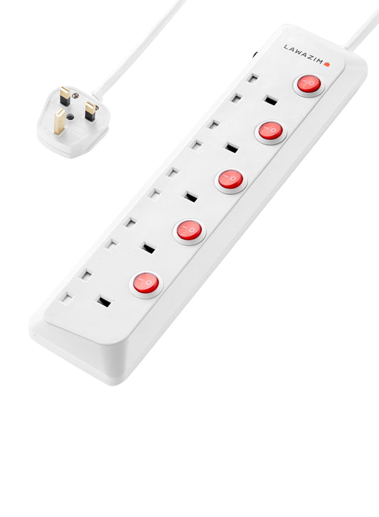 5-Way Extension Cable with Individual Port On/Off Switch - Power Strip for Home, Office, & Indoor Use