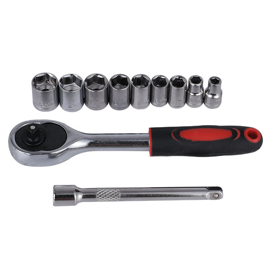 10-Piece Drive Ratchet Set - 1/4inch Drive CR-V Steel Set with 9 Hex Sockets, Extension Bar and Comfortable Grip for Automotive, Bicycle and Home Repair