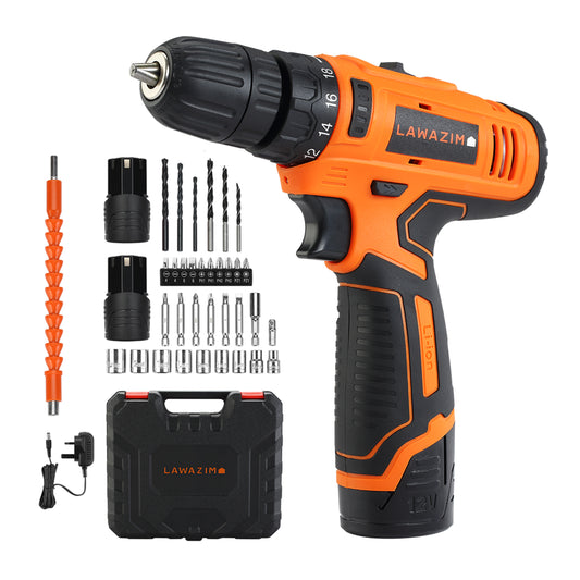 Cordless Drill - 10mm - 12V Keyless Drill with LED Light, Variable Speed, Drill Bits, Screwdriver Bits, Socket Adapters, Flexible Extension, Charger, Battery and Carrying Case