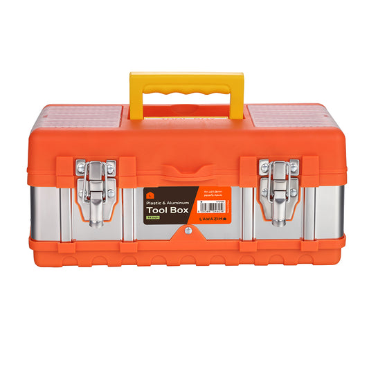 Plastic & Aluminum Tool Box - 14inch - Storage Organizer with Removable Tray, Lid Compartments, and Secure Lockable Latches - for Workshop, Household, Hand Tools, and DIY Supplies