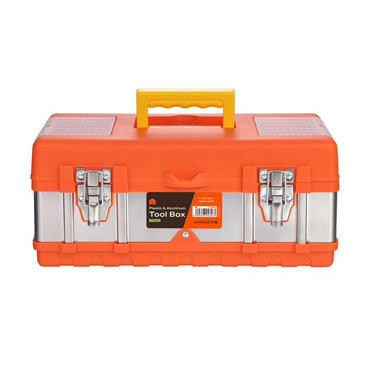 Plastic & Aluminum Tool Box - 17inch - Storage Organizer with Removable Tray, Lid Compartments, and Secure Lockable Latches - for Workshop, Household, Hand Tools, and DIY Supplies