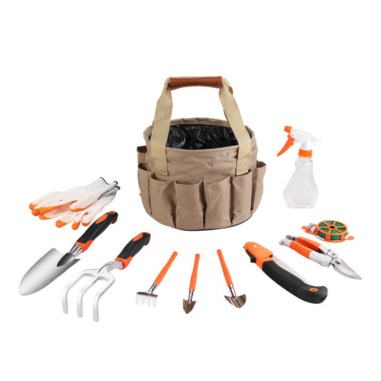 Garden Bucket with Tools - 10 Piece - Gardening Hand Tool Set with Tote Bag, Pruners, Trowel, Fork & Accessories - for Gardening, Planting, and Lawn Care