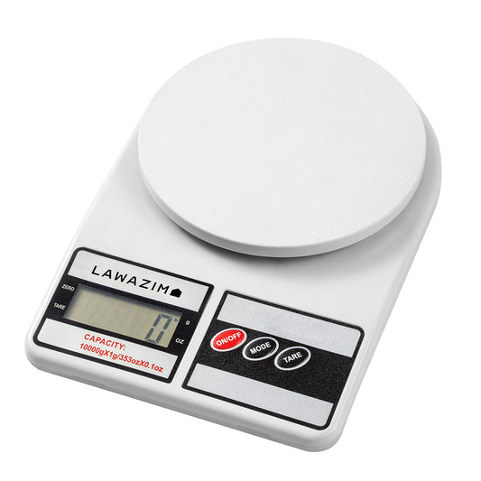 Digital Kitchen Scale - White, 10000g Capacity with 1g Precision, Electronic Food Scale with LCD Display, Gram/Ounce Units, Tare Function and Round Weighing Platform for Cooking and Baking