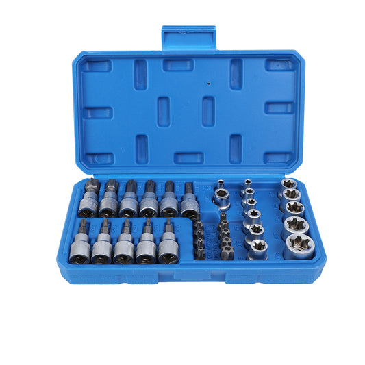 34-Piece Drive Torx Bit Socket and E-Torx Star Socket Set - Heavy-Duty CR-V Steel Set for Ratchet Wrenches and Impact Wrenches - for Automotive and Electrical Appliance Repair