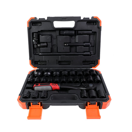 Drive Socket Set -32 Pieces 1/2inch Drive- Heavy-Duty CR-MO Steel with Carrying Case - Professional Socket Wrench Kit for Automotive Repair Mechanical Work Engine Maintenance and DIY Projects