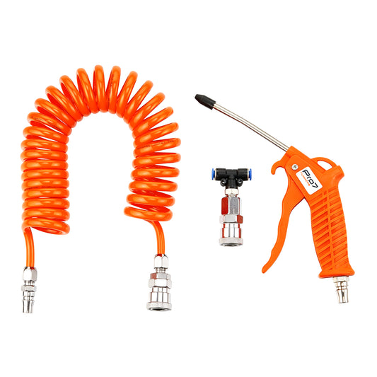 Air Duster Gun Kit -5x8mm Orange- High Pressure Air Blow Gun with Coil Hose - Quick Connect Fittings for Air Compressor for Dust Debris Removal in Garage, Workshop, Automotive and DIY Cleaning