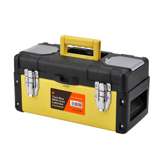 Tool Box with Iron Latches - 14inch - Durable and Portable Toolbox with Removable Tray, Top Storage Compartments,and Handle - for Garage, Workshop, Household, and Professional Use