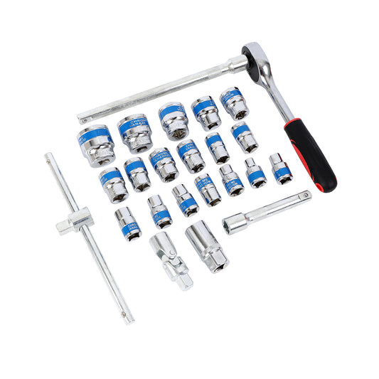 Ratchet Wrench Set with Red Iron Box -24 Piece- Chrome Vanadium Steel Socket Set for Automotive, Mechanical, and DIY Repair Tool