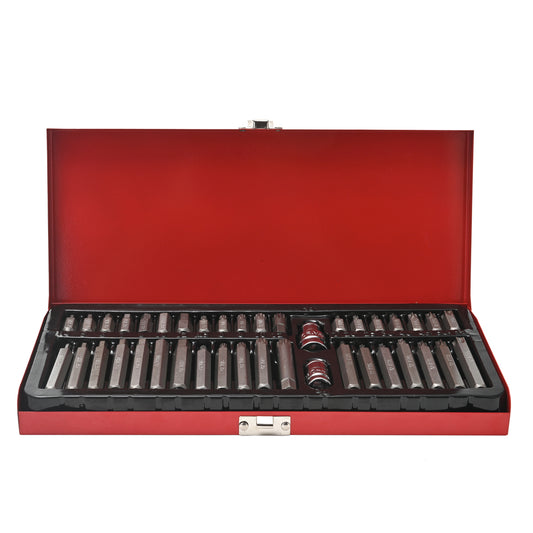 Socket Bit Set with Red Iron Box - 40-Piece - Durable CR-V Set with Hex, Torx, and Spline Bits, 3/8inch and 1/2inch Socket Drivers - for Automotive Repair, Mechanical Work, and DIY Projects