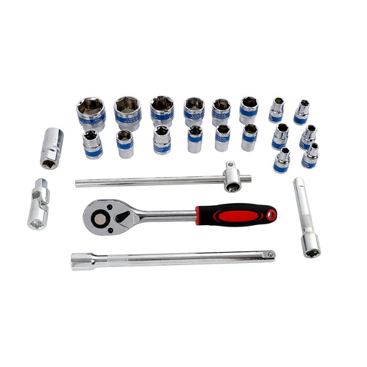 Bit Socket Set with Red Iron Box -24 Piece- Durable Chrome Vanadium Hex Sockets, Metric & SAE - Heavy-Duty Tool Kit for Mechanics, DIY Enthusiasts, and Automotive Repairs