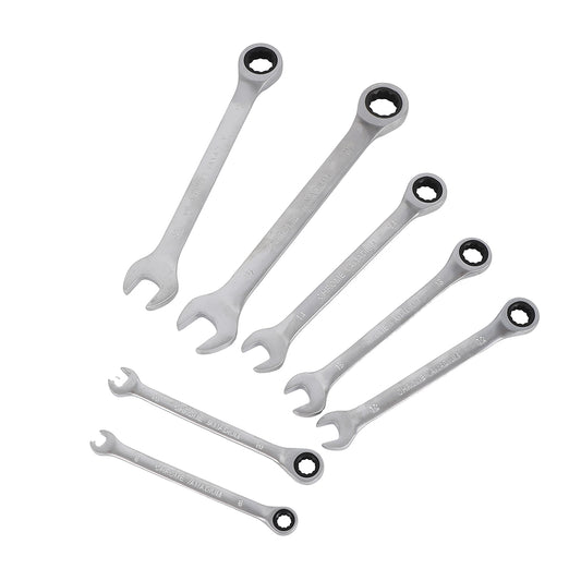 Ratchet Wrench -7 Piece- Professional Ratcheting Combination Wrench Set with Durable CR-V Construction, Open-End and Box-End Wrenches - Perfect for Automotives Bikes Home Repairs and Assembly