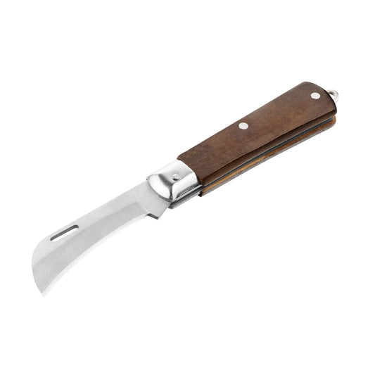 Electric Knife with Wooden Handle - Compact Folding Utility Knife with Hawkbill Blade and Swivel Ring Belt Clip, Ideal for Electrical Repairs, Cable Cutting, Wire Stripping, and DIY Projects