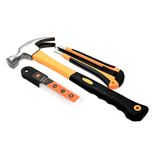Hammer and Cutter with Extra Blades Set - Claw Hammer, Utility Knife and Replacement Blades with Non-Slip Grips for Cutting, Nail Work, Repairs, Maintenance and DIY Tasks