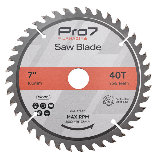 Circular Wood Saw Blade - 7inch, 40T - Tungsten Carbide-Tipped Wood Cutting Blade with Hardened Steel Body, 25.4mm Arbor, 8,000 RPM - for Hardwood, Softwood, Plywood, and DIY Woodworking