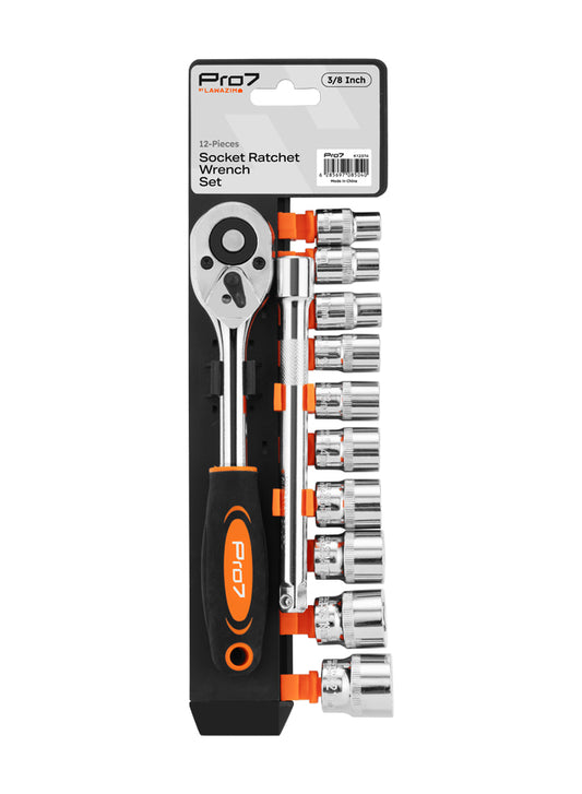 Heavy Duty Ratchet Wrench Set - 12 Piece 3/8inch - Chrome Vanadium Wrench Set with Extension Bar, Hex Sockets and Corrosion-Resistant Finish - Ideal for Automotive and Home Repairs