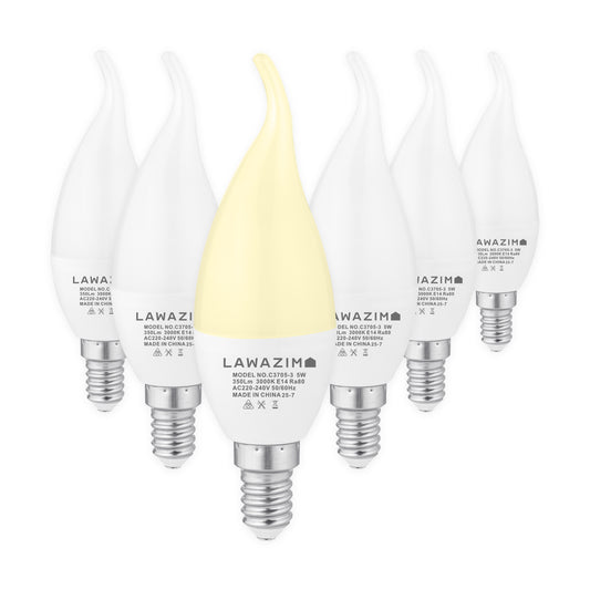 5W LED Candle C37 E14 - 6 Pack - Flame Tip Small Edison Screw SES 35W Bulbs for Chandeliers, Wall Sconces