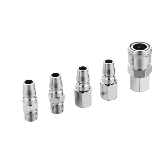 Air Hose Fitting Set - 5 Piece 1/4inch Quick Connect Coupler and Plug Kit with Female Coupler, Male Connectors and Threaded Connectors - Air Compressor and Pneumatic Tool Accessories