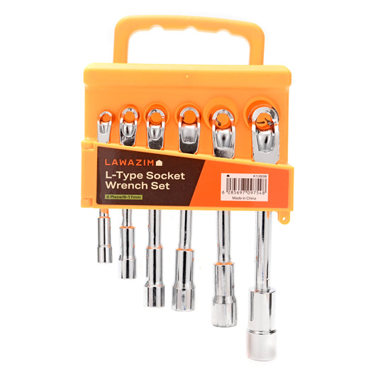 6PCS L-Type Socket Wrench Set - Cr-V Double Ended Hexagon Spanner Wrenches, 90 Degree Angled Open Hex, Metric Sizes 8/10/12/13/14/17mm, for Automotive Mechanical Repair Tool