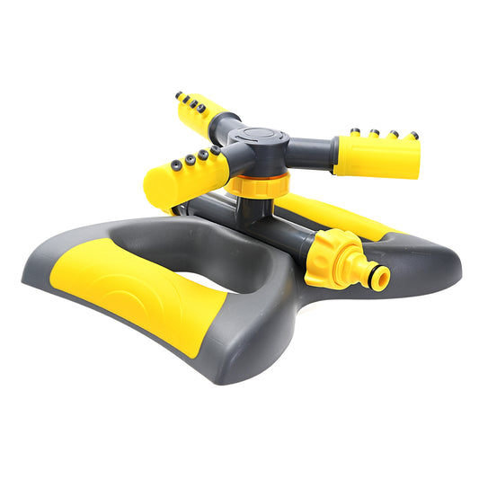 Rotating Garden Sprinkler - Yellow and Grey - 3 Arm Adjustable Rotary Lawn Sprinkler, Automatic 360° Rotating Water Sprayer with 12 Nozzles - for Garden & Lawn Irrigation, Watering Plants