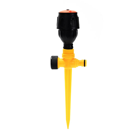 Garden Spike Sprinkler - Yellow and Black - Adjustable 360° Water Sprinkler with Spike Base and Quick-Connect Fitting for Even Irrigation - Ideal for Watering Gardens, Lawns, and Flower Beds