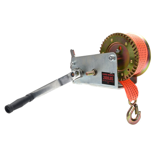 Hand Winch with 2”x23ft Orange Woven Rope - 2000lbs - Manual Crank Gear Towing Winch with Safety Hook & 7m Winch Strap for Boat Trailer, ATV, Truck, Garage, Workshop, Outdoor Equipment Use